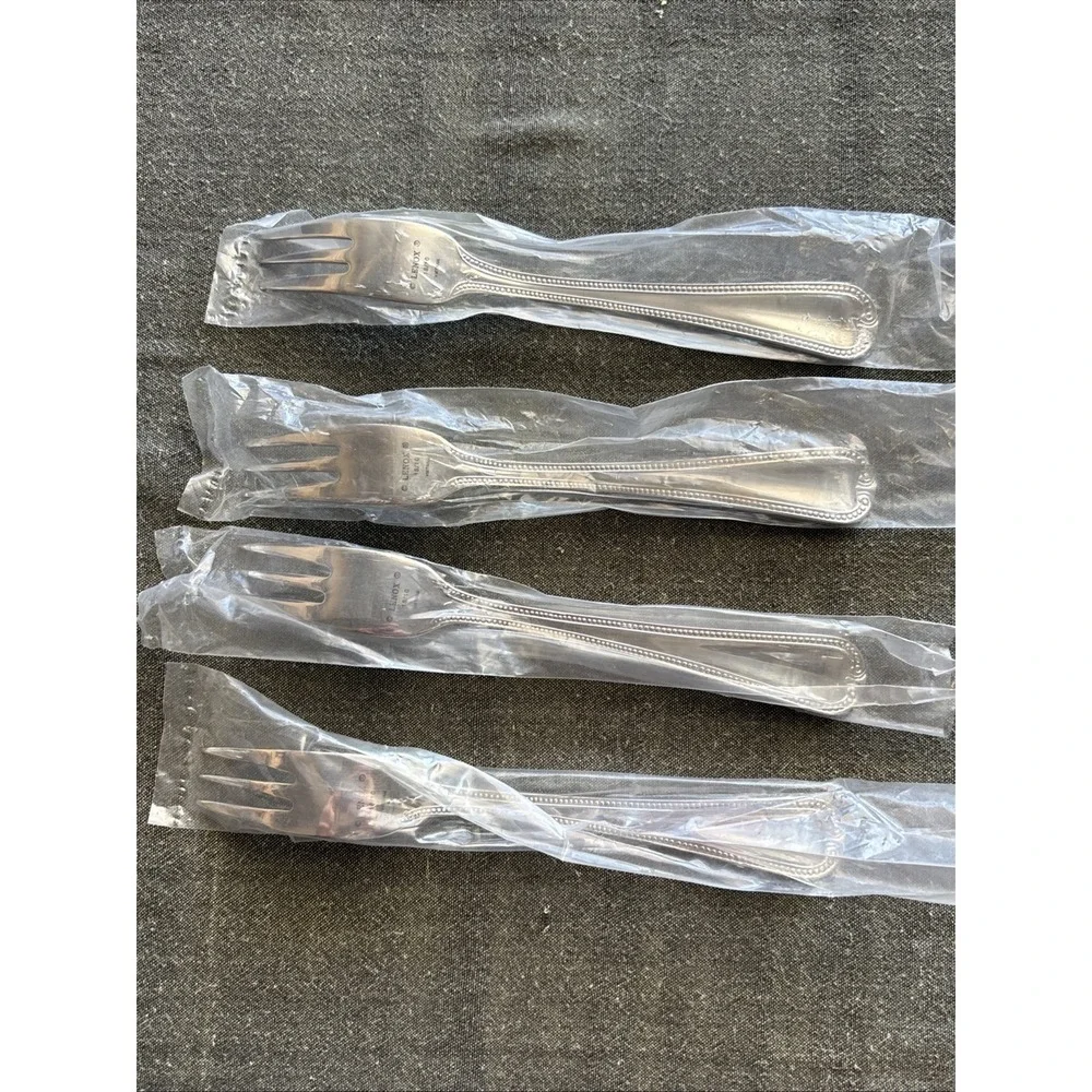NEW Lenox BEAD‎ Stainless Flatware 4X Cocktail FORKS Plume Tip Beaded 18/10